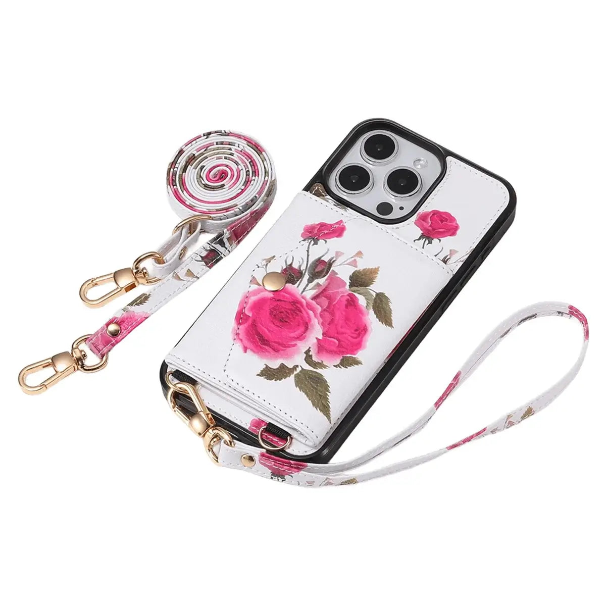 BuyCaseles Floral Wallet Case for iPhone: RFID Blocking, Makeup Mirror, Card Holder & Crossbody Strap - Flora at Caseles-iPhone 17 Pro Max, Black