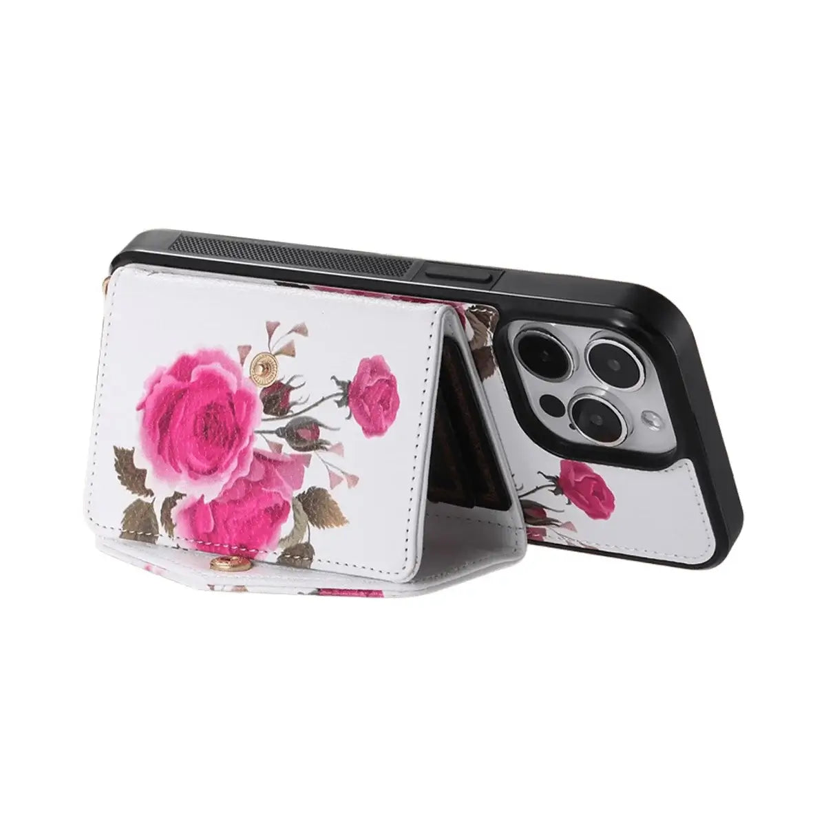 BuyCaseles Floral Wallet Case for iPhone: RFID Blocking, Makeup Mirror, Card Holder & Crossbody Strap - Flora at Caseles-iPhone 17 Pro Max, Black
