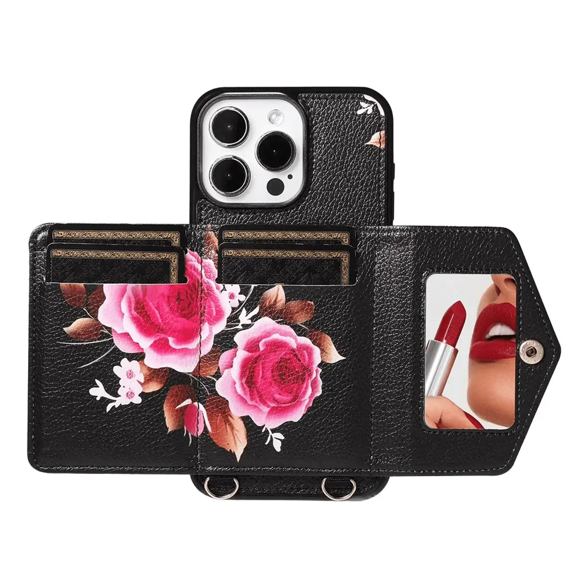 BuyCaseles Floral Wallet Case for iPhone: RFID Blocking, Makeup Mirror, Card Holder & Crossbody Strap - Flora at Caseles-iPhone 17 Pro Max, Black