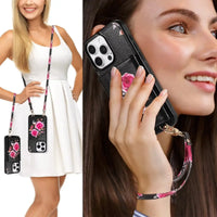 BuyCaseles Floral Wallet Case for iPhone: RFID Blocking, Makeup Mirror, Card Holder & Crossbody Strap - Flora at Caseles-iPhone 17 Pro Max, Black