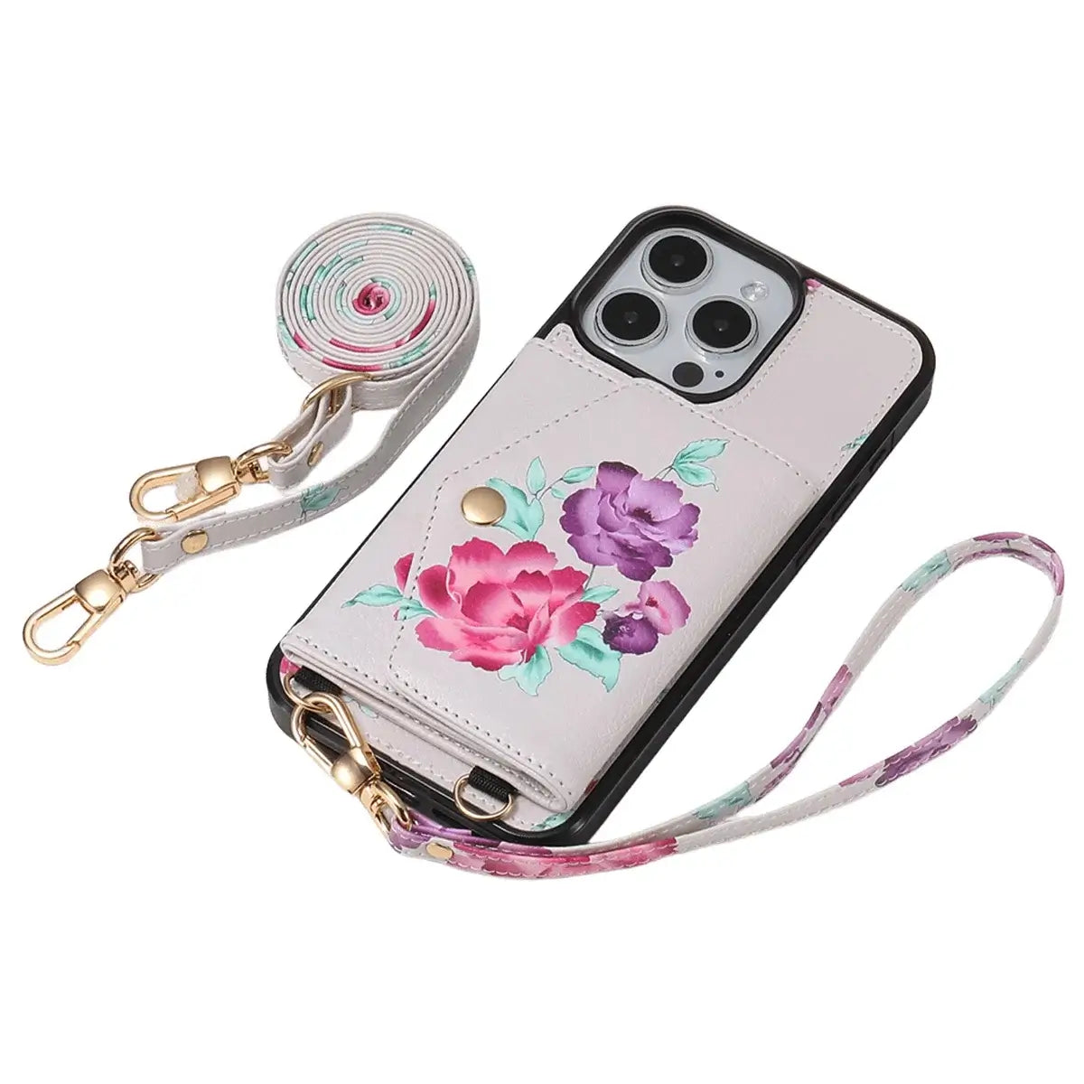 BuyCaseles Floral Wallet Case for iPhone: RFID Blocking, Makeup Mirror, Card Holder & Crossbody Strap - Flora at Caseles-iPhone 17 Pro Max, Black