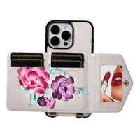 BuyCaseles Floral Wallet Case for iPhone: RFID Blocking, Makeup Mirror, Card Holder & Crossbody Strap - Flora at Caseles-iPhone 17 Pro Max, Black