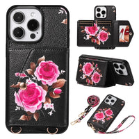 BuyCaseles Floral Wallet Case for iPhone: RFID Blocking, Makeup Mirror, Card Holder & Crossbody Strap - Flora at Caseles-iPhone 17 Pro Max, Black