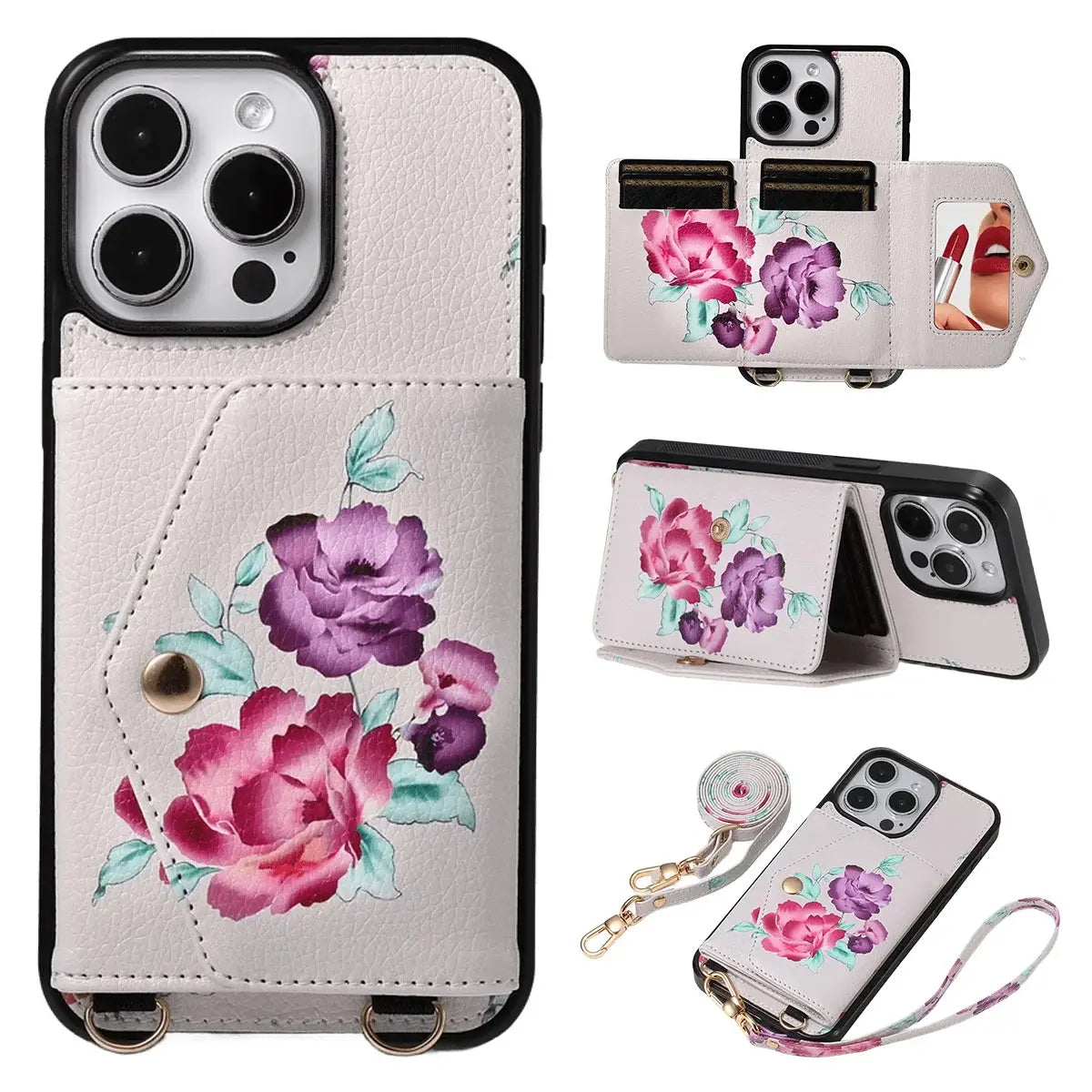 BuyCaseles Floral Wallet Case for iPhone: RFID Blocking, Makeup Mirror, Card Holder & Crossbody Strap - Flora at Caseles-iPhone 17 Pro Max, Gray