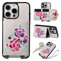 BuyCaseles Floral Wallet Case for iPhone: RFID Blocking, Makeup Mirror, Card Holder & Crossbody Strap - Flora at Caseles-iPhone 17 Pro Max, Gray