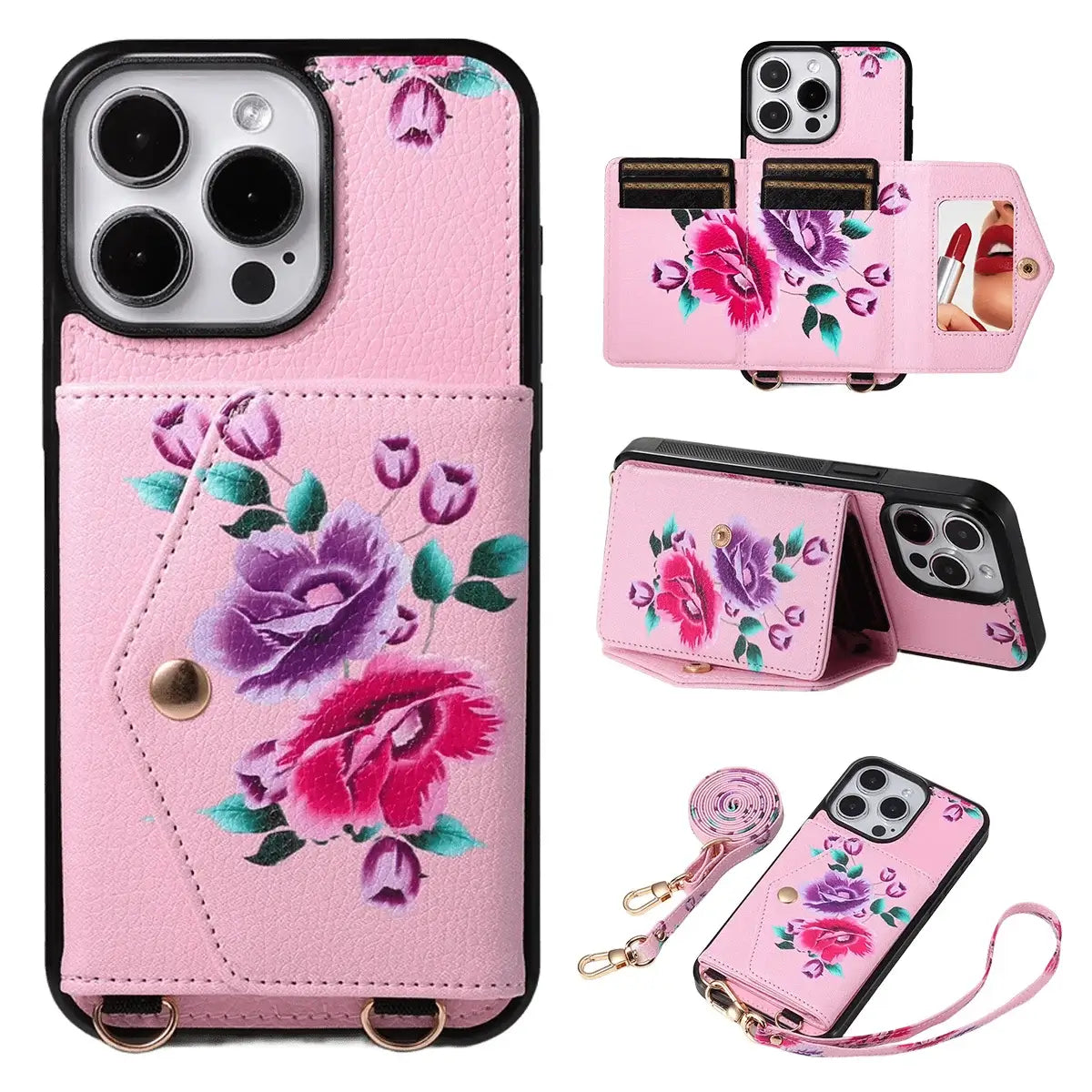 BuyCaseles Floral Wallet Case for iPhone: RFID Blocking, Makeup Mirror, Card Holder & Crossbody Strap - Flora at Caseles-iPhone 17 Pro Max, Pink