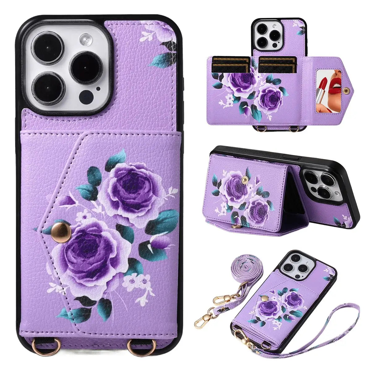 BuyCaseles Floral Wallet Case for iPhone: RFID Blocking, Makeup Mirror, Card Holder & Crossbody Strap - Flora at Caseles-iPhone 17 Pro Max, Purple