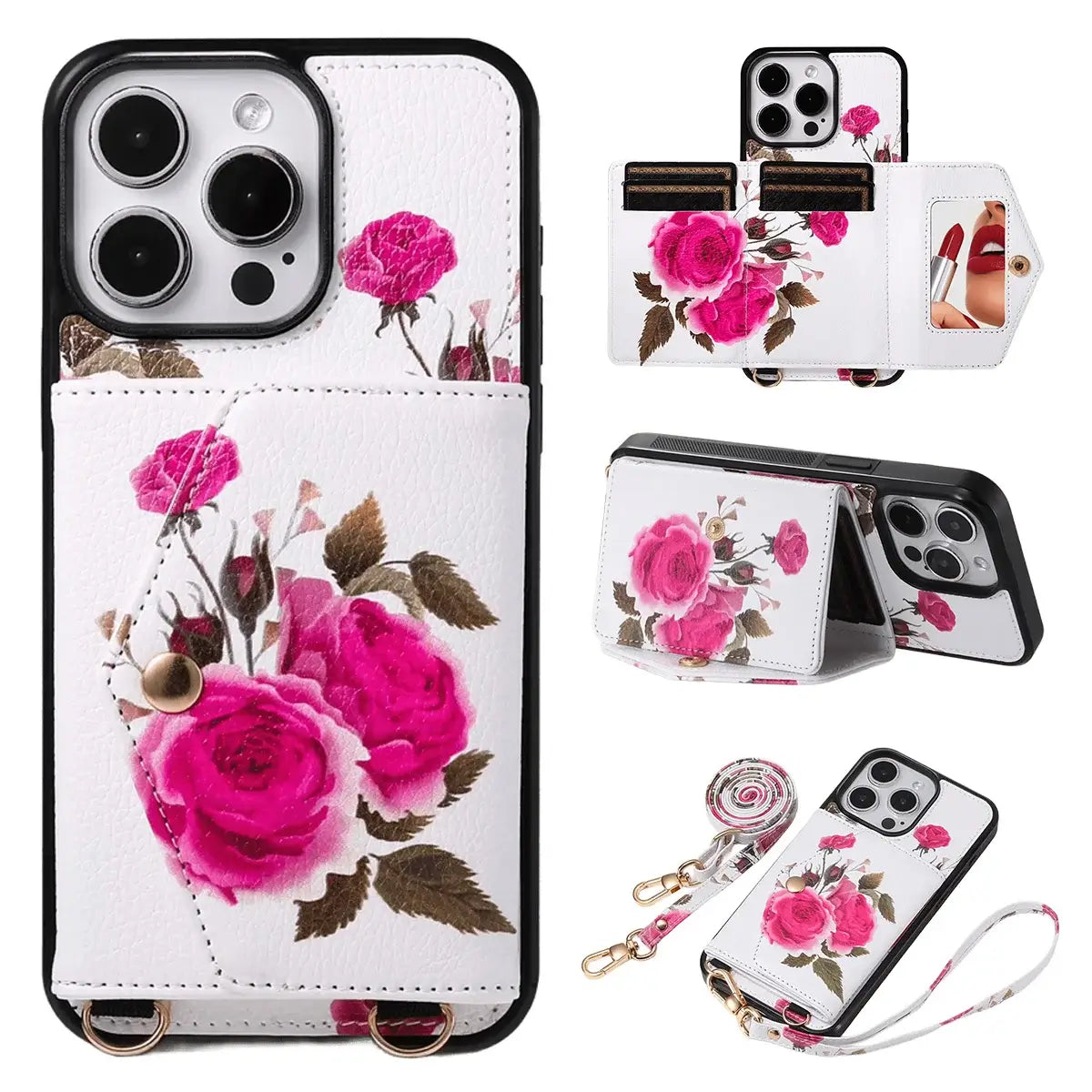 BuyCaseles Floral Wallet Case for iPhone: RFID Blocking, Makeup Mirror, Card Holder & Crossbody Strap - Flora at Caseles-iPhone 17 Pro Max, White