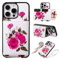 BuyCaseles Floral Wallet Case for iPhone: RFID Blocking, Makeup Mirror, Card Holder & Crossbody Strap - Flora at Caseles-iPhone 17 Pro Max, White