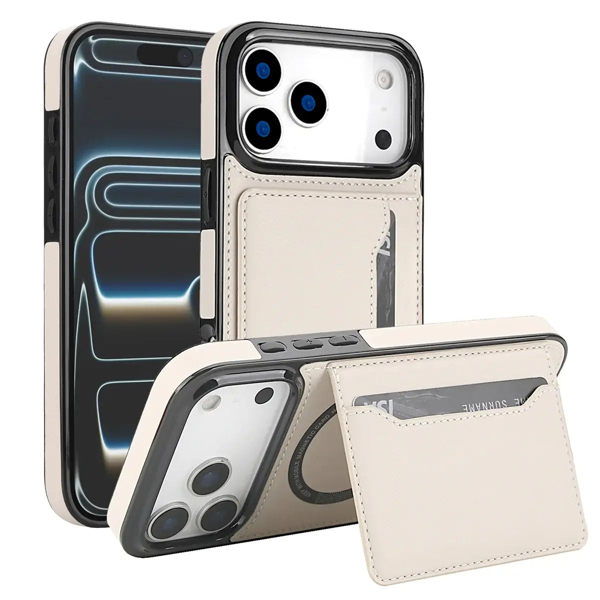 Buy Shockproof Protective Case with Card Holder, Magnetic Charging Compatibility & Hands-Free Viewing Stand - HALE at Caseles-iPhone 17 Pro Max, Beige
