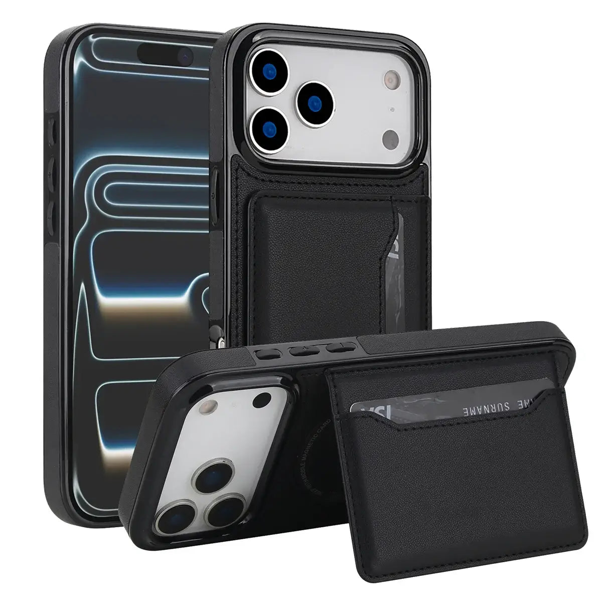 Buy Shockproof Protective Case with Card Holder, Magnetic Charging Compatibility & Hands-Free Viewing Stand - HALE at Caseles-iPhone 17 Pro Max, Black