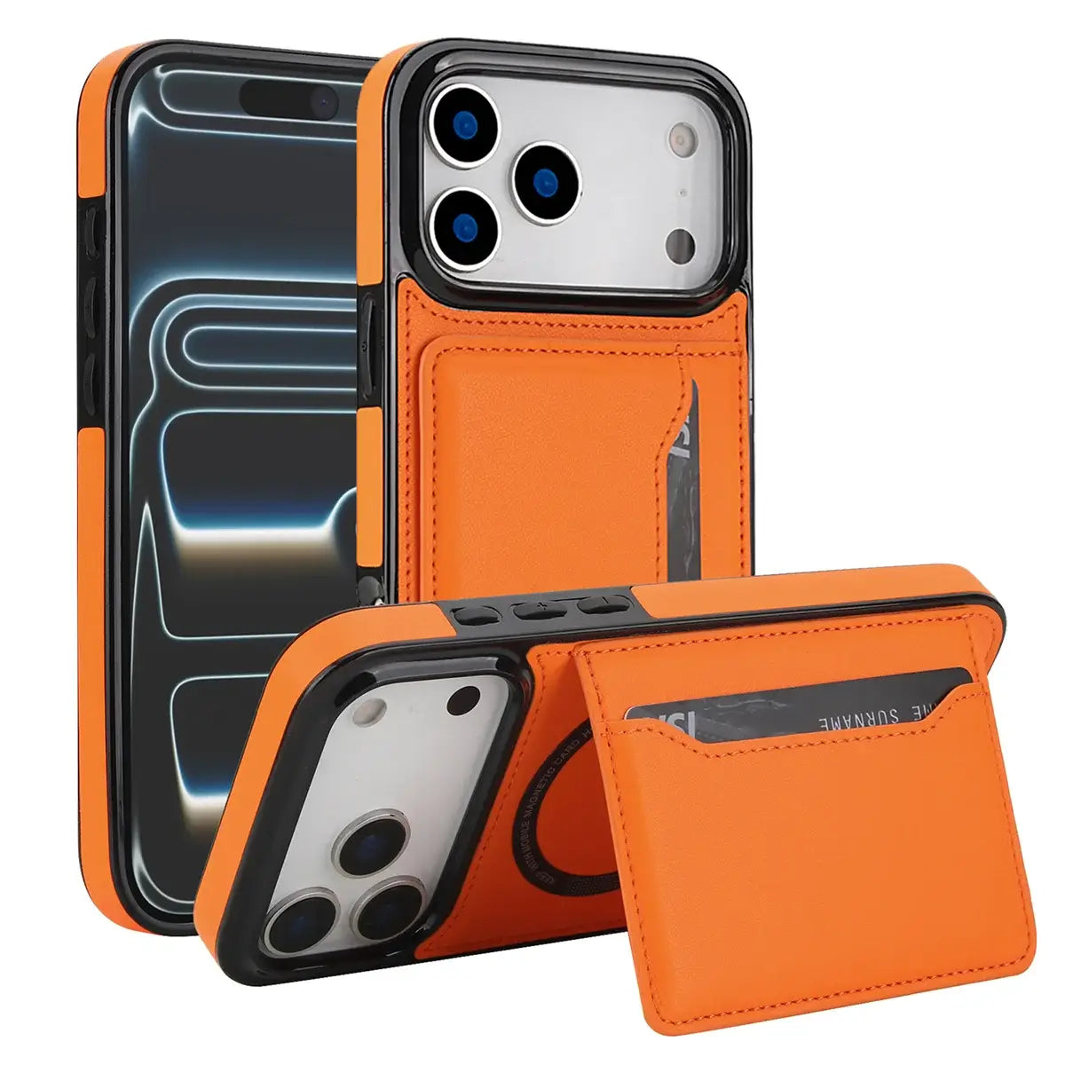 Buy Shockproof Protective Case with Card Holder, Magnetic Charging Compatibility & Hands-Free Viewing Stand - HALE at Caseles-iPhone 17 Pro Max, Orange