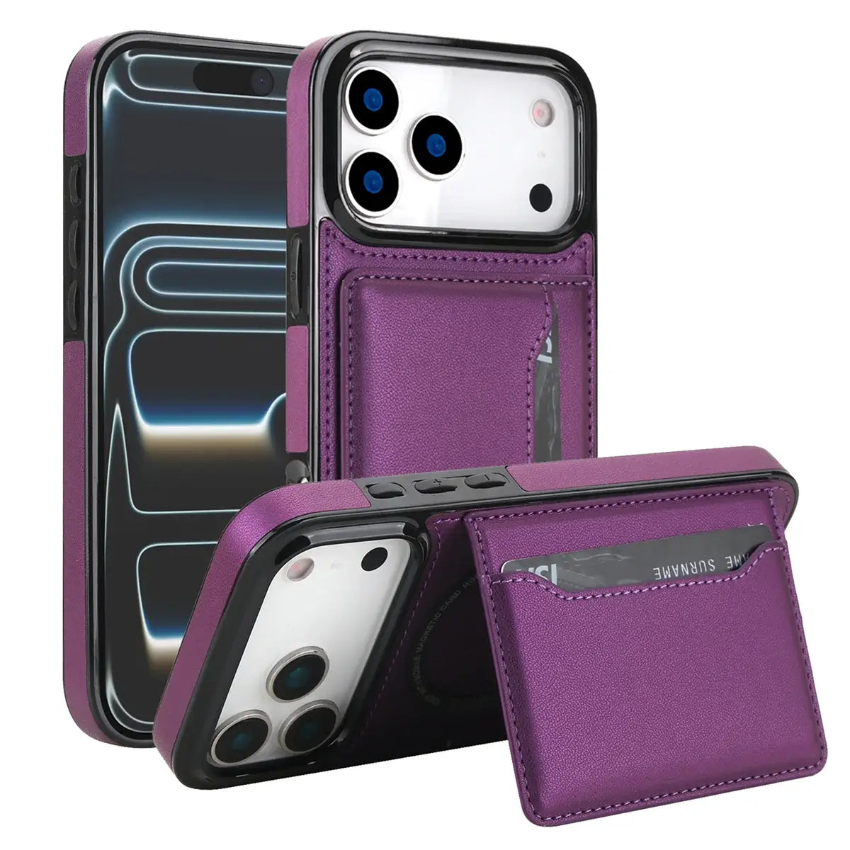 Buy Shockproof Protective Case with Card Holder, Magnetic Charging Compatibility & Hands-Free Viewing Stand - HALE at Caseles-iPhone 17 Pro Max, Purple