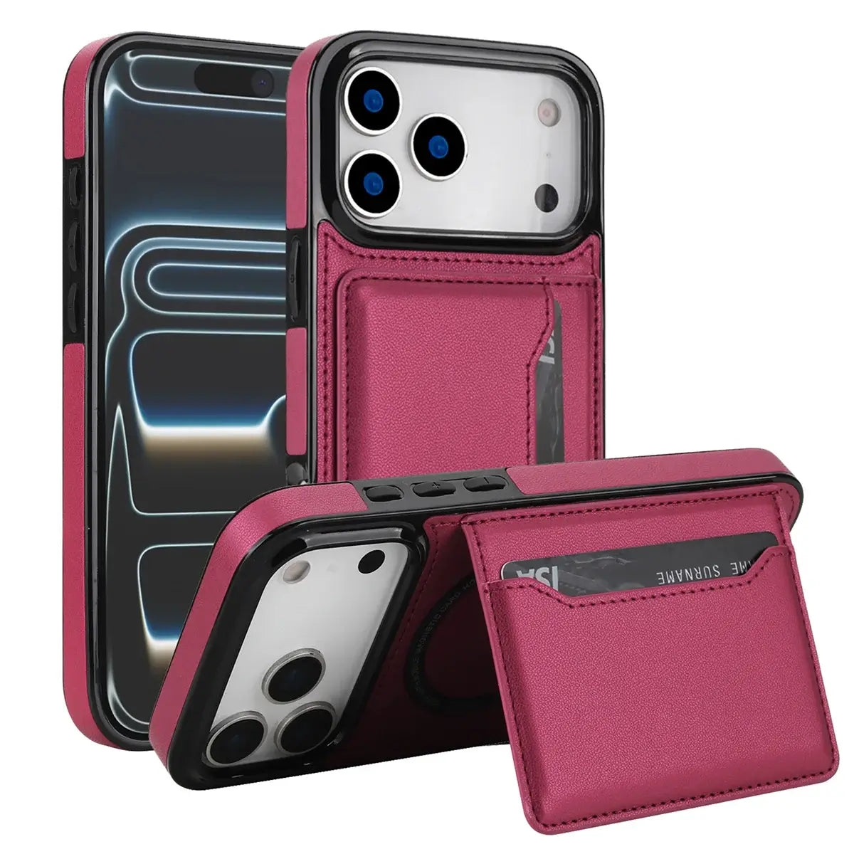 Buy Shockproof Protective Case with Card Holder, Magnetic Charging Compatibility & Hands-Free Viewing Stand - HALE at Caseles-iPhone 17 Pro Max, Red