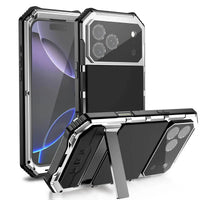 Buy Heavy Duty Aluminum iPhone Case with Kickstand, Built-in Screen & Camera Protector, Shockproof Military-Grade Gorilla Glass Cover - Hamza at Caseles-iPhone 17 Pro Max, Silver