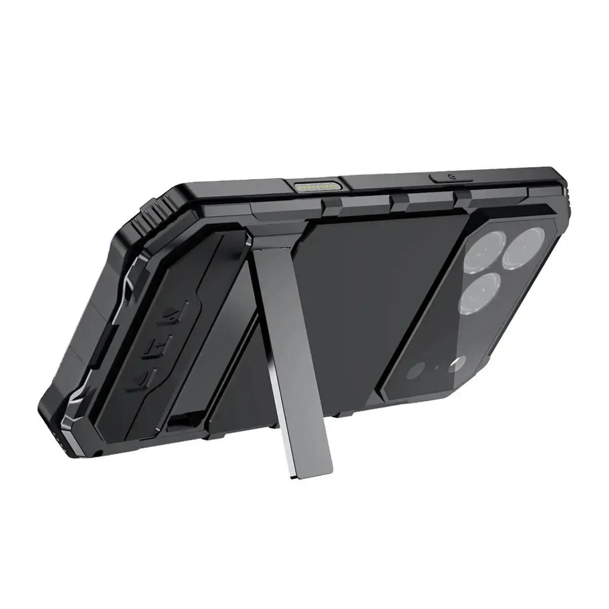 Buy Heavy Duty Aluminum iPhone Case with Kickstand, Built-in Screen & Camera Protector, Shockproof Military-Grade Gorilla Glass Cover - Hamza at Caseles-iPhone 17 Pro Max, Black