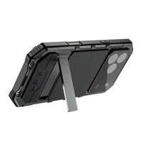 Buy Heavy Duty Aluminum iPhone Case with Kickstand, Built-in Screen & Camera Protector, Shockproof Military-Grade Gorilla Glass Cover - Hamza at Caseles-iPhone 17 Pro Max, Black