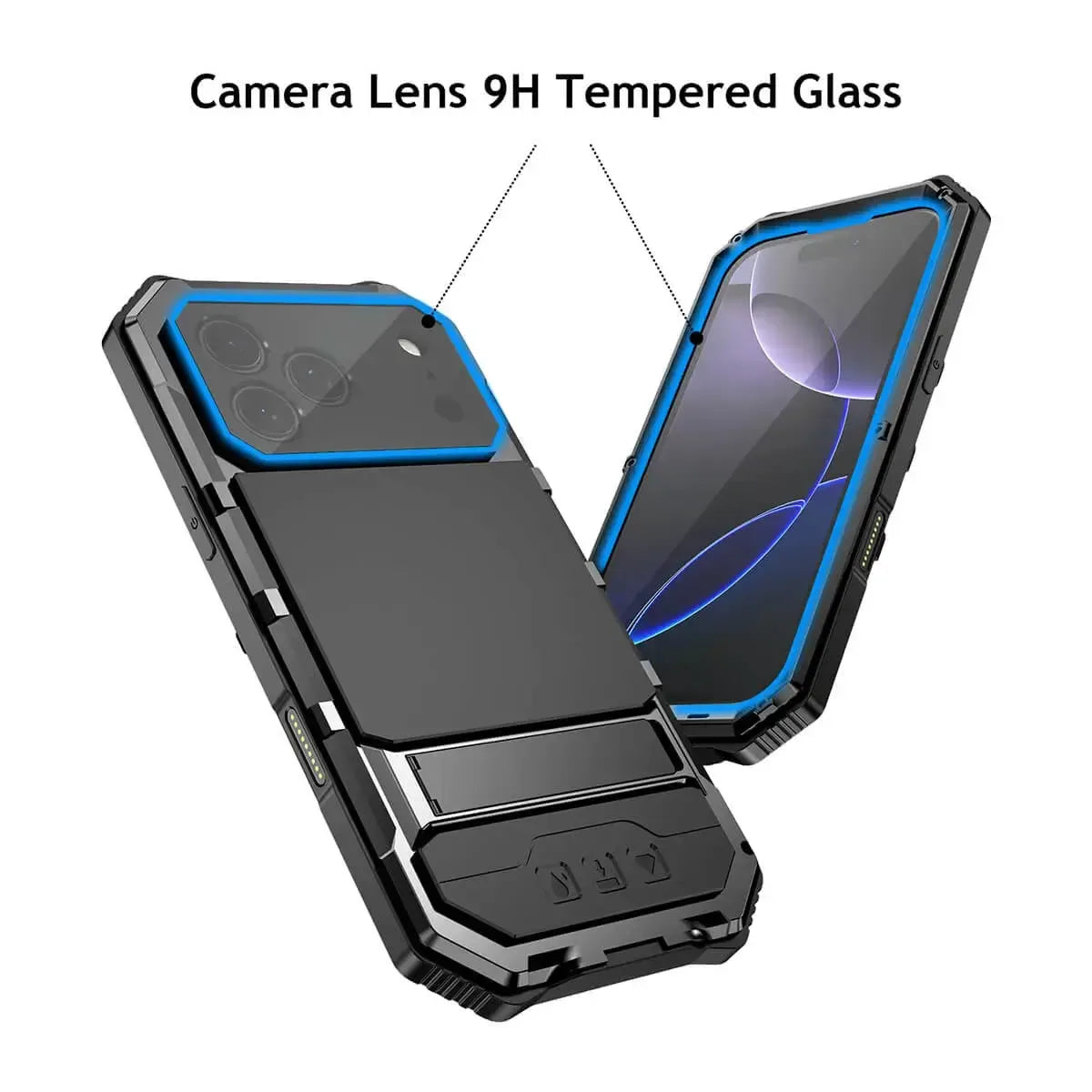 Buy Heavy Duty Aluminum iPhone Case with Kickstand, Built-in Screen & Camera Protector, Shockproof Military-Grade Gorilla Glass Cover - Hamza at Caseles-iPhone 17 Pro Max, Black