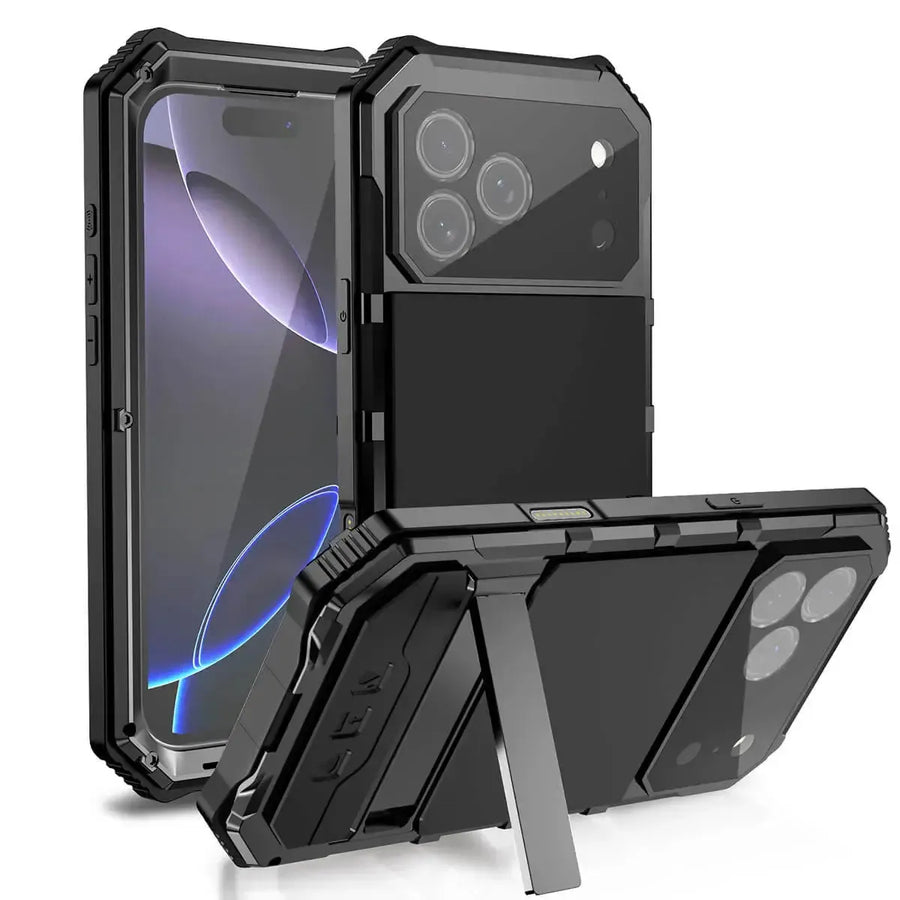 Buy Heavy Duty Aluminum iPhone Case with Kickstand, Built-in Screen & Camera Protector, Shockproof Military-Grade Gorilla Glass Cover - Hamza at Caseles-iPhone 17 Pro Max, Black