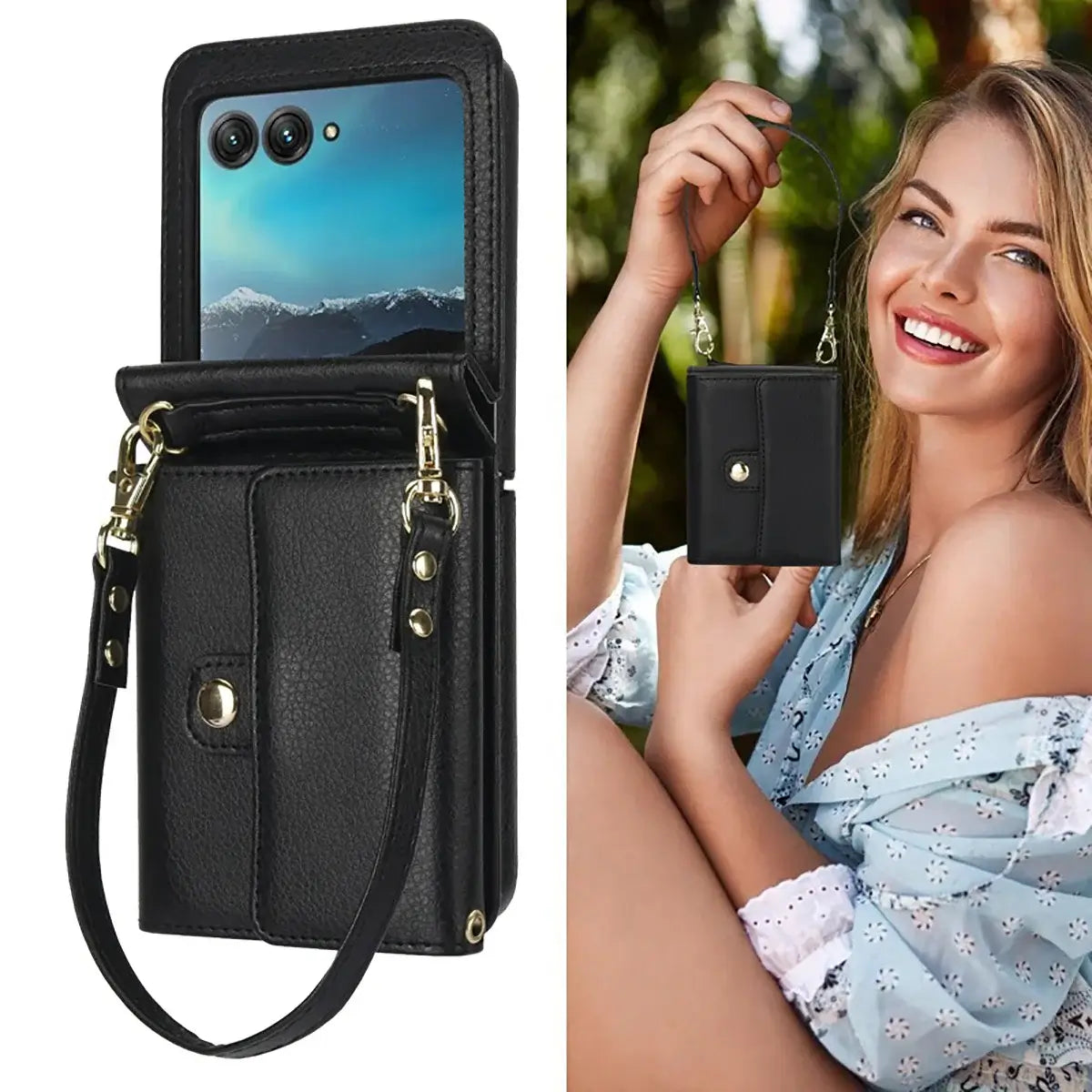 Buy Motorola Moto Razr Crossbody Wallet Case, RFID Blocking Leather Cover with Detachable Strap & Card Slots - IRIS at Caseles-Motorola Razr Ultra (2025), Black