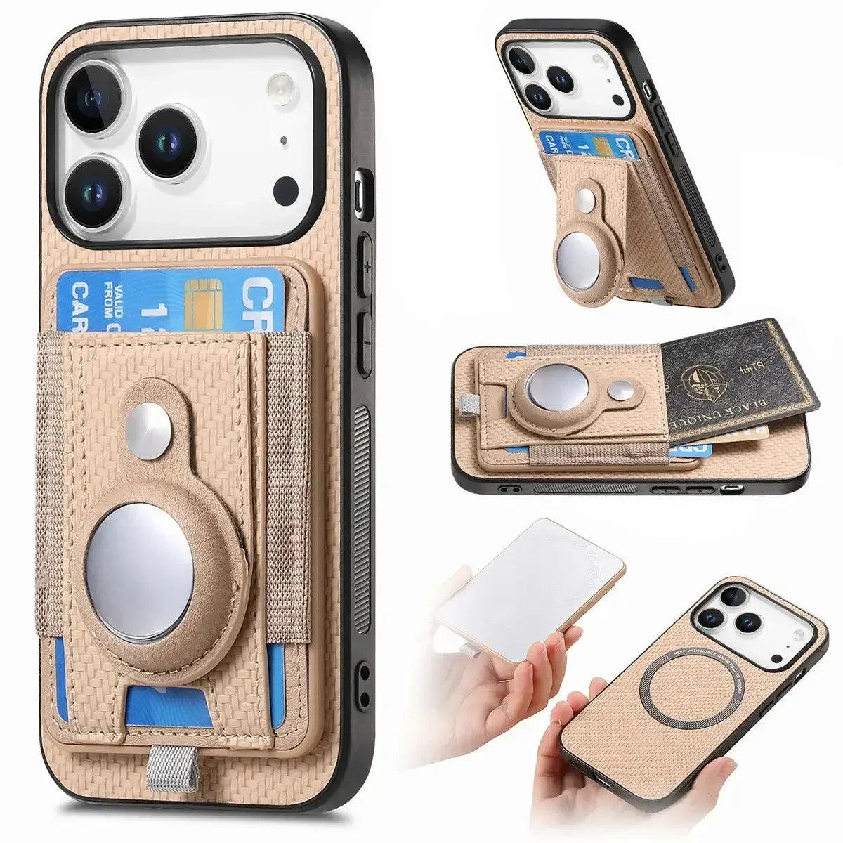 Buy Magnetic Wallet Case with Built-in AirTag Holder, Detachable Card Slot, Kickstand & Full-Body Protection - Josiah at Caseles-iPhone 17 Pro Max, Beige