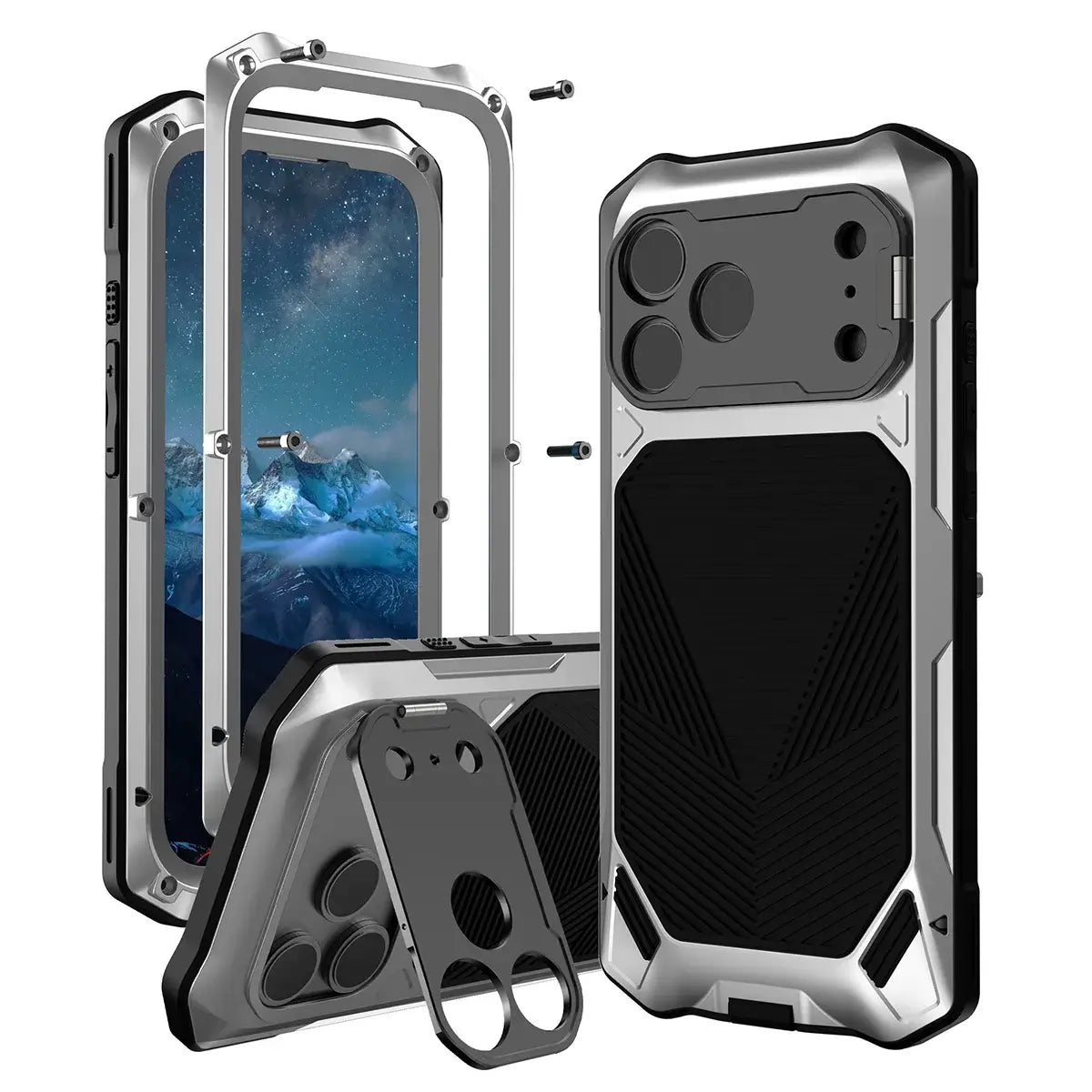 Buy Military Grade Magnetic Case for iPhone 17 Series, Full-Body Armor with Screen Protector, 360° Rotatable Kickstand & Lens Guard - Knox at Caseles-iPhone 17 Pro Max, Silver