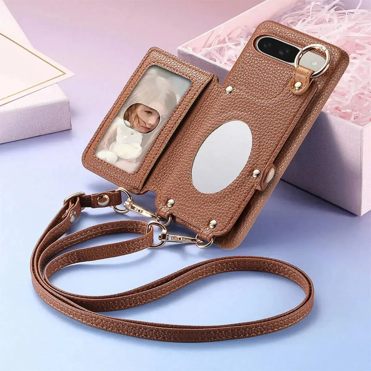 Buy Leather Crossbody Wallet Case with Mirror, Card Slots, Stand & Shockproof Shell for Google Pixel - Kylie at Caseles-Google Pixel 9 Pro XL, Black