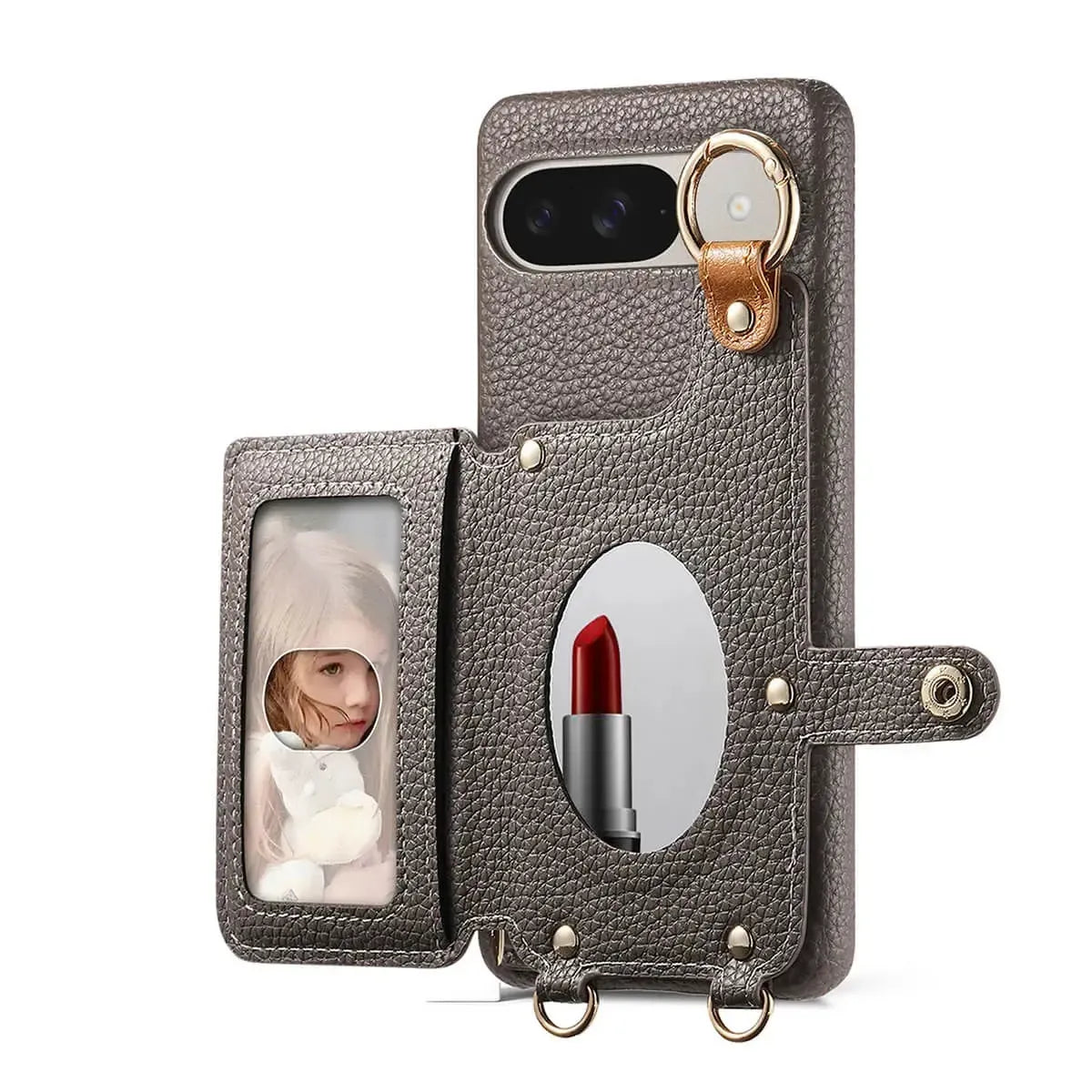 Buy Leather Crossbody Wallet Case with Mirror, Card Slots, Stand & Shockproof Shell for Google Pixel - Kylie at Caseles-Google Pixel 9 Pro XL, Black