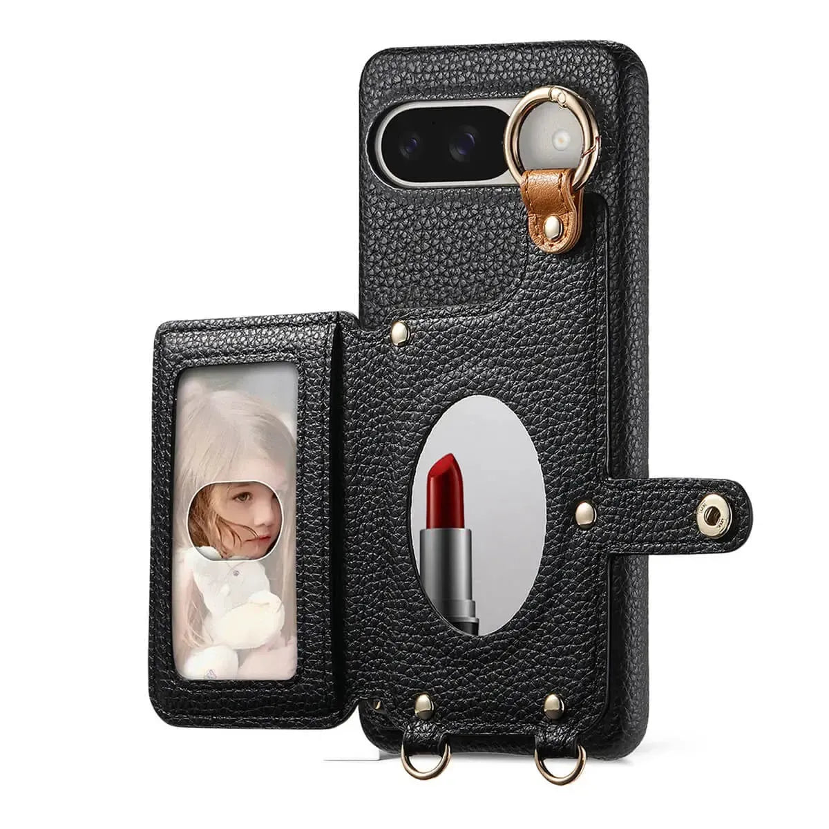 Buy Leather Crossbody Wallet Case with Mirror, Card Slots, Stand & Shockproof Shell for Google Pixel - Kylie at Caseles-Google Pixel 9 Pro XL, Black