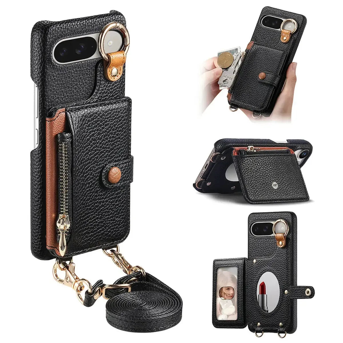 Buy Leather Crossbody Wallet Case with Mirror, Card Slots, Stand & Shockproof Shell for Google Pixel - Kylie at Caseles-Google Pixel 9 Pro XL, Black