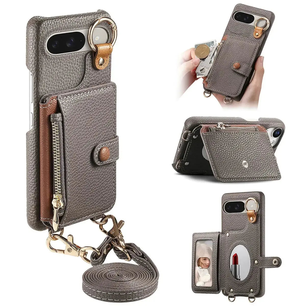 Buy Leather Crossbody Wallet Case with Mirror, Card Slots, Stand & Shockproof Shell for Google Pixel - Kylie at Caseles-Google Pixel 9 Pro XL, Grey
