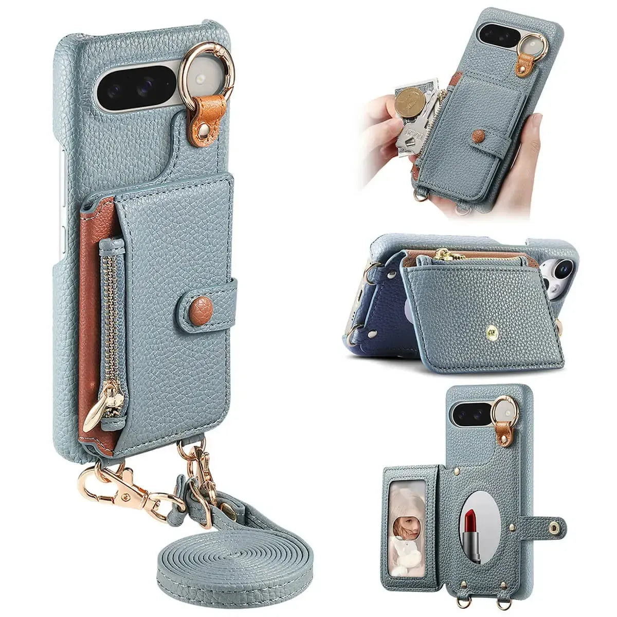 Buy Leather Crossbody Wallet Case with Mirror, Card Slots, Stand & Shockproof Shell for Google Pixel - Kylie at Caseles-Google Pixel 9 Pro XL, Light Blue