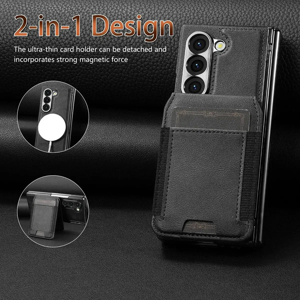 Buy Premium Leather Case with Detachable Magnetic Wallet, 360° Hinge Protection & Slim Professional Profile - Luke at Caseles-Samsung Galaxy Z Fold 8 Ultra, Black