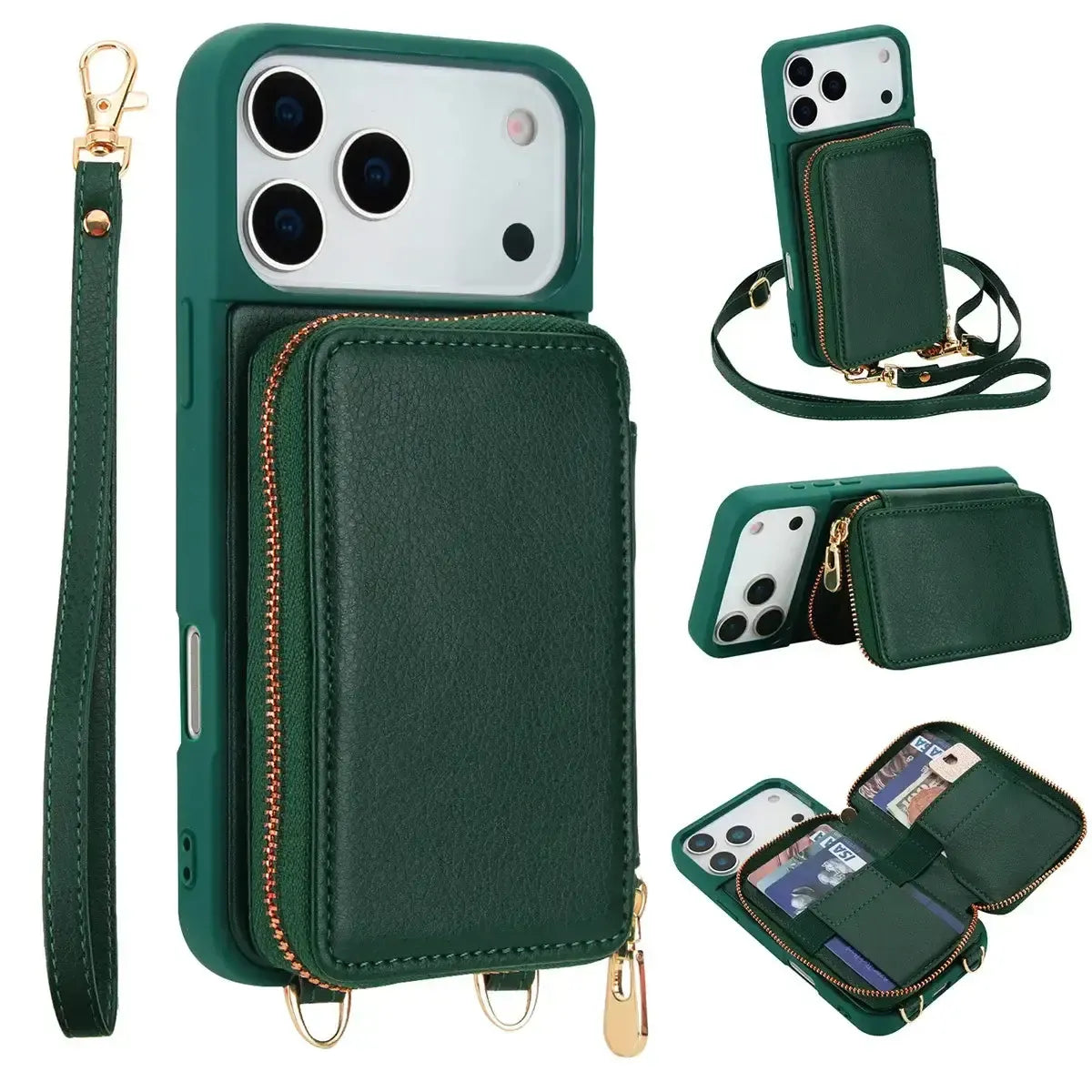 Buy Classic Crossbody Wallet Phone Case, Premium Leather, Credit Card Holder, Zipper Pocket Purse Handbag, Kickstand Shockproof Case - MIREYA at Caseles-iPhone 17 Pro Max, Mireya-Black