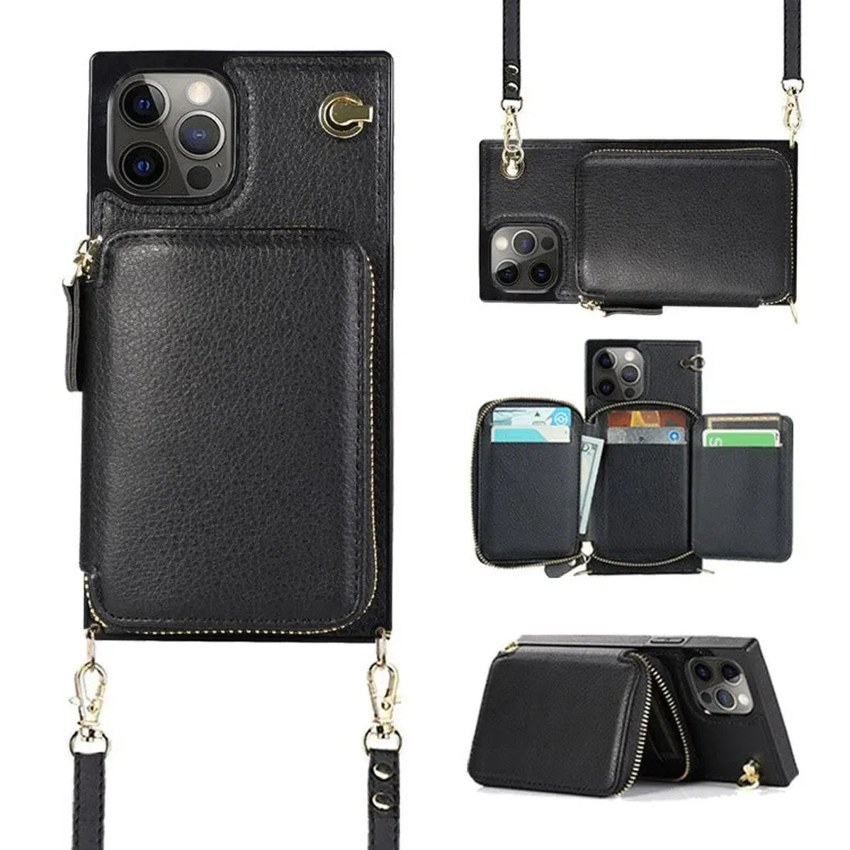 Buy Classic Crossbody Wallet Phone Case, Premium Leather, Credit Card Holder, Zipper Pocket Purse Handbag, Kickstand Shockproof Case - MIREYA at Caseles-iPhone 17 Pro Max, Mireya-Black