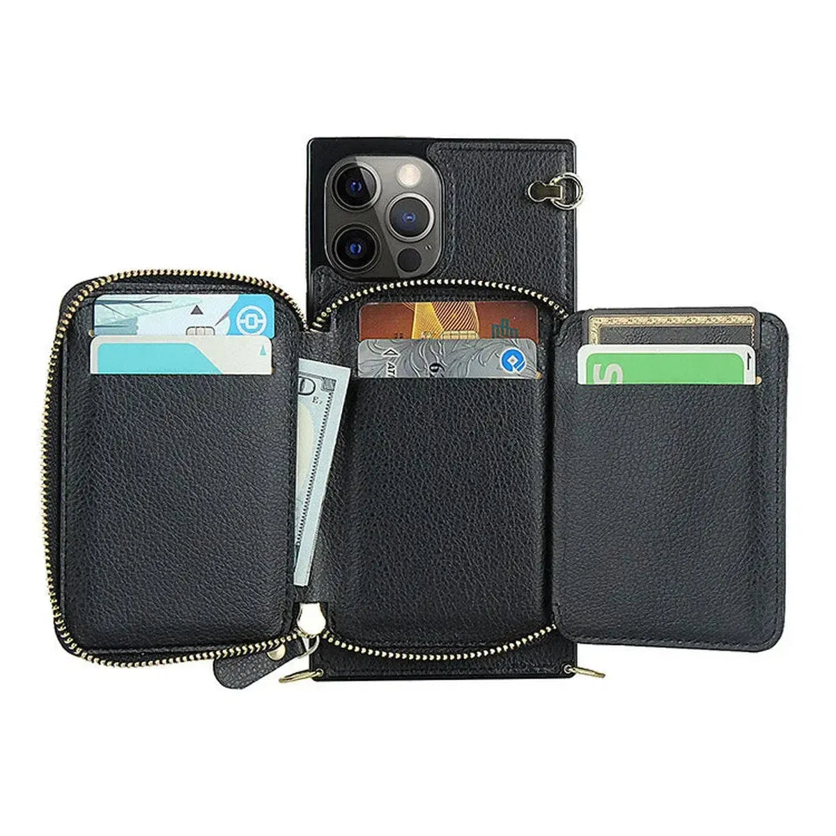 Buy Classic Crossbody Wallet Phone Case, Premium Leather, Credit Card Holder, Zipper Pocket Purse Handbag, Kickstand Shockproof Case - MIREYA at Caseles-iPhone 17 Pro Max, Mireya-Black