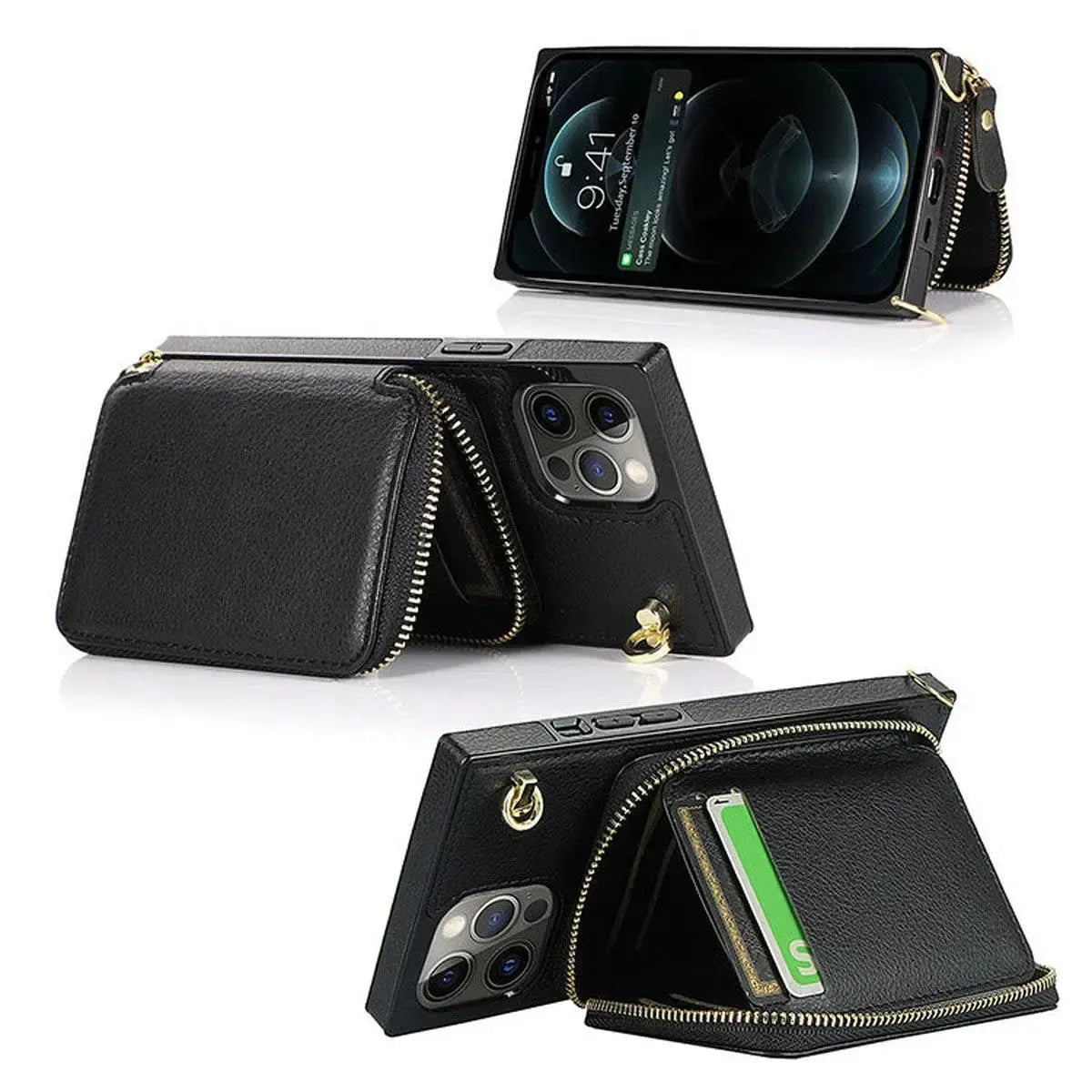 Buy Classic Crossbody Wallet Phone Case, Premium Leather, Credit Card Holder, Zipper Pocket Purse Handbag, Kickstand Shockproof Case - MIREYA at Caseles-iPhone 17 Pro Max, Mireya-Black