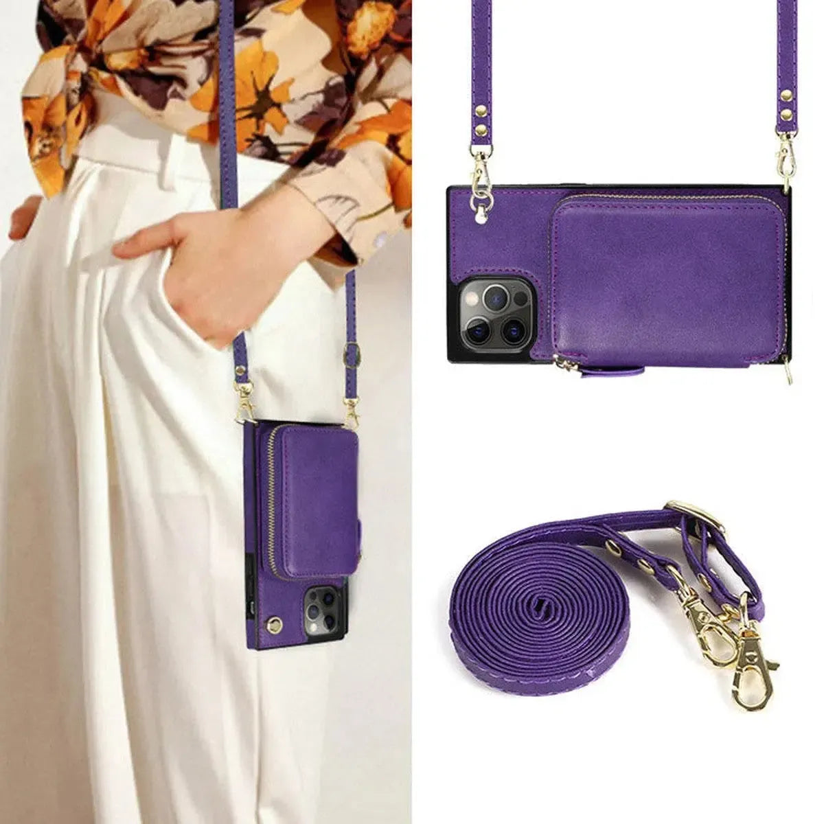 Buy Classic Crossbody Wallet Phone Case, Premium Leather, Credit Card Holder, Zipper Pocket Purse Handbag, Kickstand Shockproof Case - MIREYA at Caseles-iPhone 17 Pro Max, Mireya-Black
