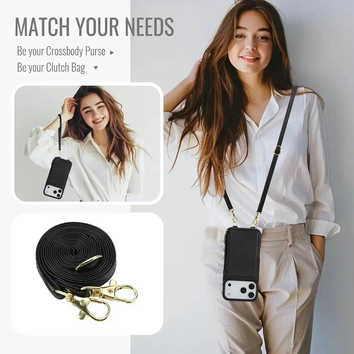 Buy Classic Crossbody Wallet Phone Case, Premium Leather, Credit Card Holder, Zipper Pocket Purse Handbag, Kickstand Shockproof Case - MIREYA at Caseles-iPhone 17 Pro Max, Mireya-Black