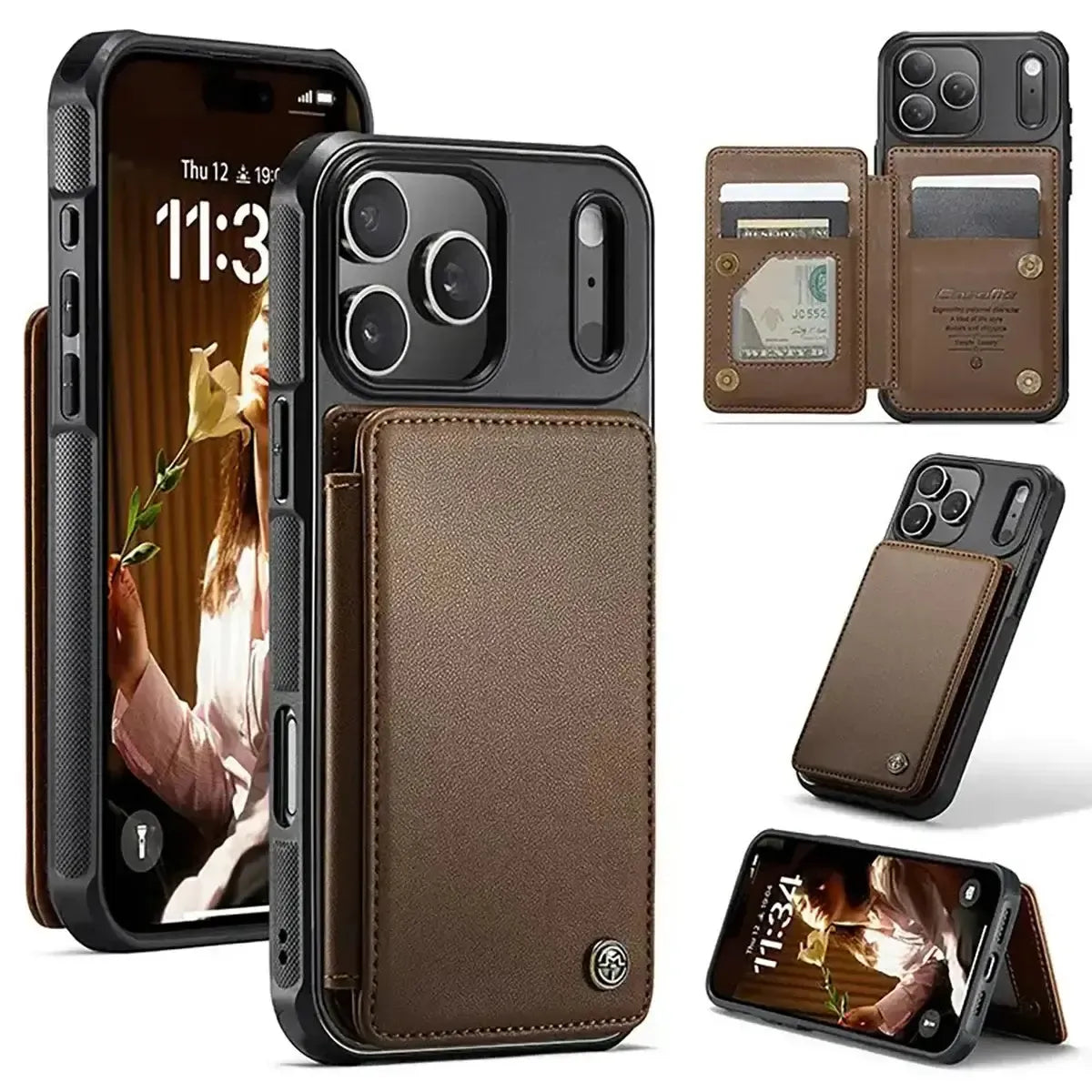 Buy Leather Flip Folio Phone Wallet Case, Magnetic Snap & RFID Blocking Card Slots, Kickstand Shockproof Protective Cover - NASH at Caseles-iPhone 17 Pro Max, Nash-Brown
