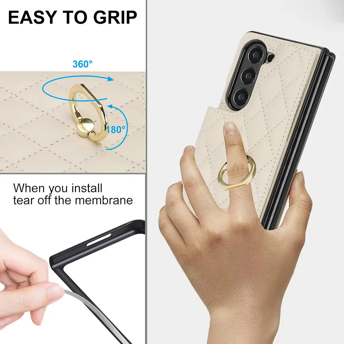 Buy Diamond Pattern Leather Wallet Case for Galaxy Z Fold, Multi-Card Slots & Ring Stand Cover - NATTIE at Caseles-Samsung Galaxy Z Fold 7, Black