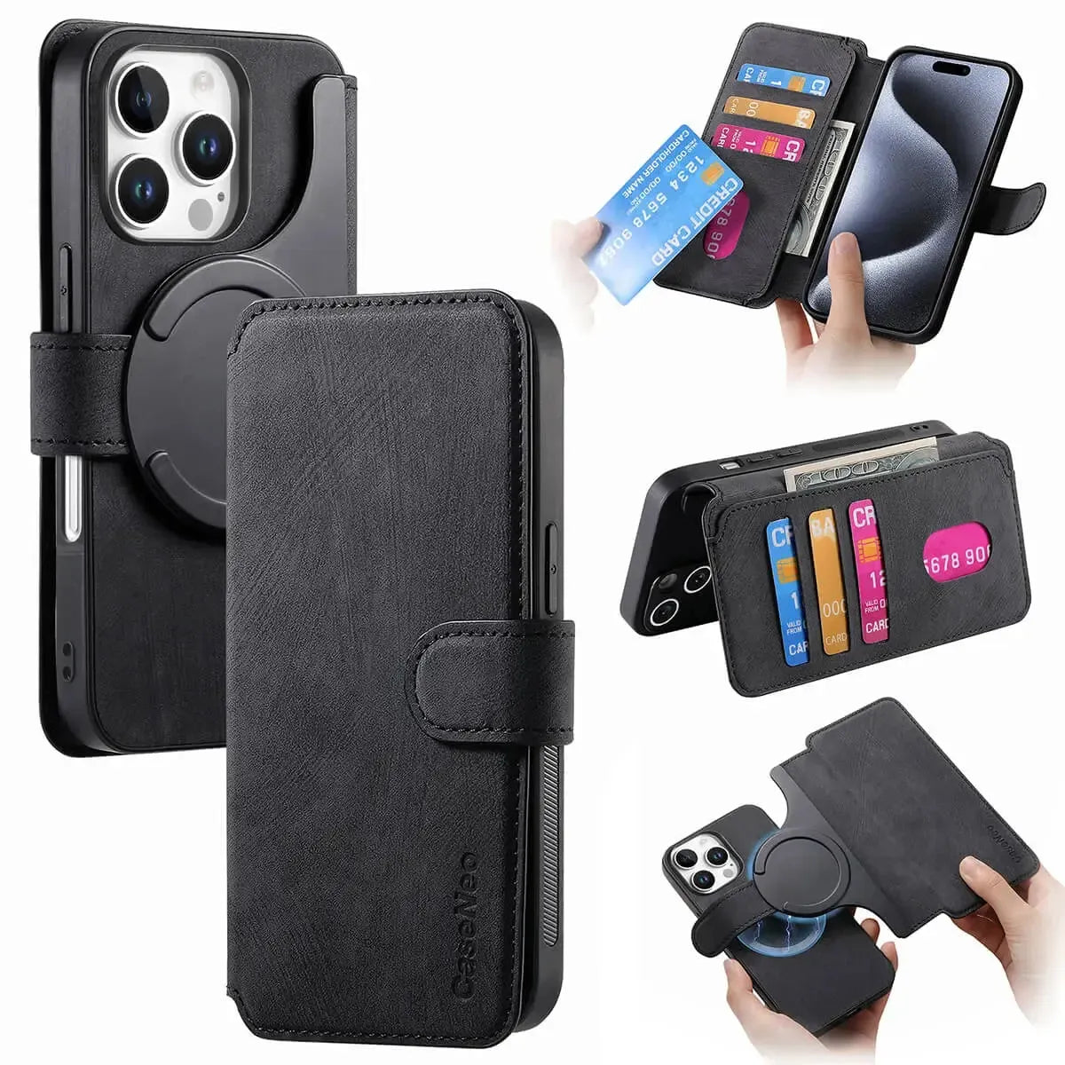 Buy Retro Magnetic Wallet Case, Support Magsafe, Detachable 2in1 Folio Flip Cover, with Card Slots - Nelson at Caseles-iPhone 16 Pro Max, Black