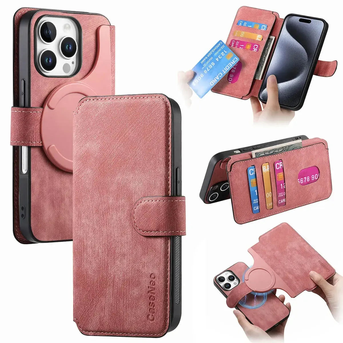 Buy Retro Magnetic Wallet Case, Support Magsafe, Detachable 2in1 Folio Flip Cover, with Card Slots - Nelson at Caseles-iPhone 16 Pro Max, Pink