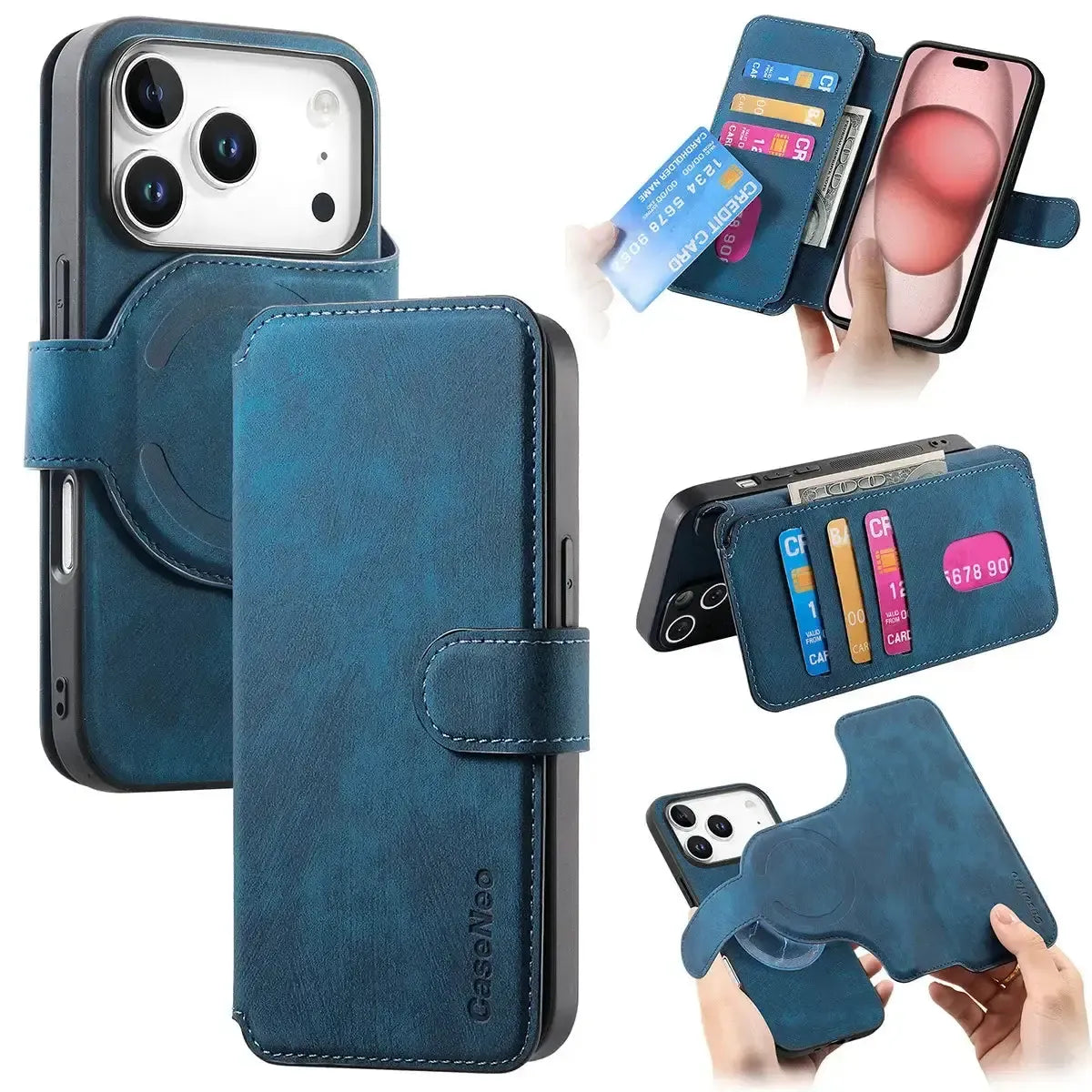 Buy Retro Magnetic Wallet Case, Support Magsafe, Detachable 2in1 Folio Flip Cover, with Card Slots - Nelson at Caseles-iPhone 17 Pro Max, Blue