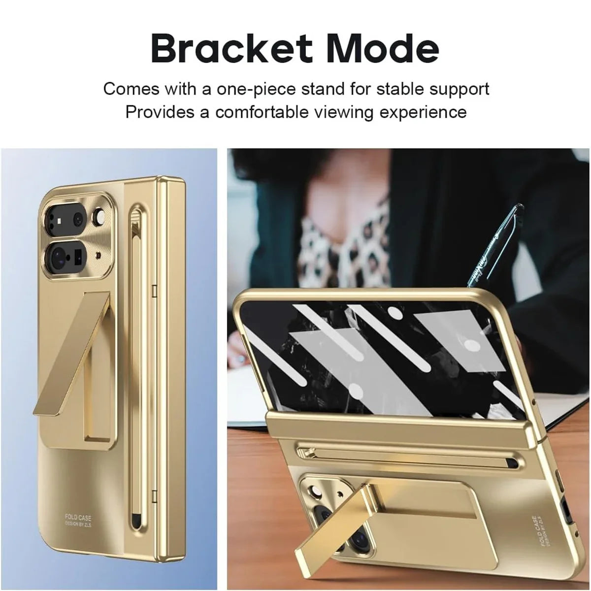 Buy Matte Finish Protective Cover with Built-In HD Screen Protector, S Pen Slot, Included Stylus & Hidden Kickstand - NEXUS at Caseles-Google Pixel 11 Pro Fold, Gold