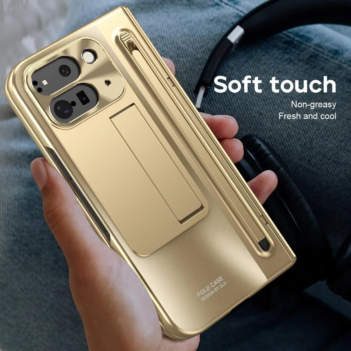Buy Matte Finish Protective Cover with Built-In HD Screen Protector, S Pen Slot, Included Stylus & Hidden Kickstand - NEXUS at Caseles-Google Pixel 11 Pro Fold, Gold
