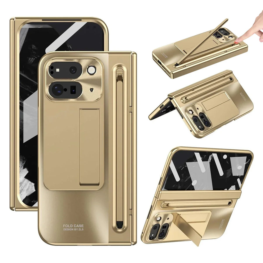 Buy Matte Finish Protective Cover with Built-In HD Screen Protector, S Pen Slot, Included Stylus & Hidden Kickstand - NEXUS at Caseles-Google Pixel 11 Pro Fold, Gold