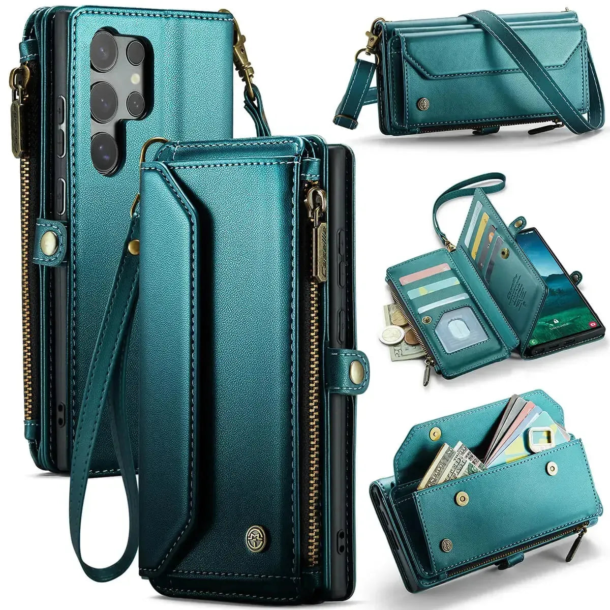 Buy Zipper Wallet Phone Case, RFID Blocking, Leather, Card Slots, for Samsung Galaxy - NOVA at Caseles-Samsung Galaxy A72 5G, Aurora-Green