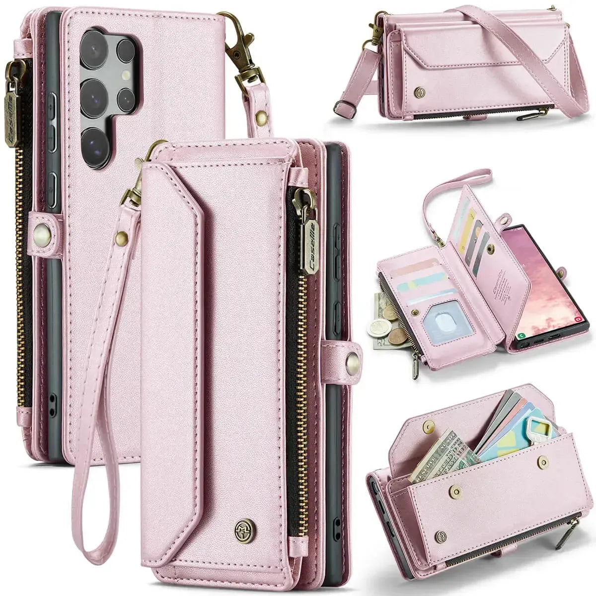Buy Zipper Wallet Phone Case, RFID Blocking, Leather, Card Slots, for Samsung Galaxy - NOVA at Caseles-Samsung Galaxy A72 5G, Aurora-Pink