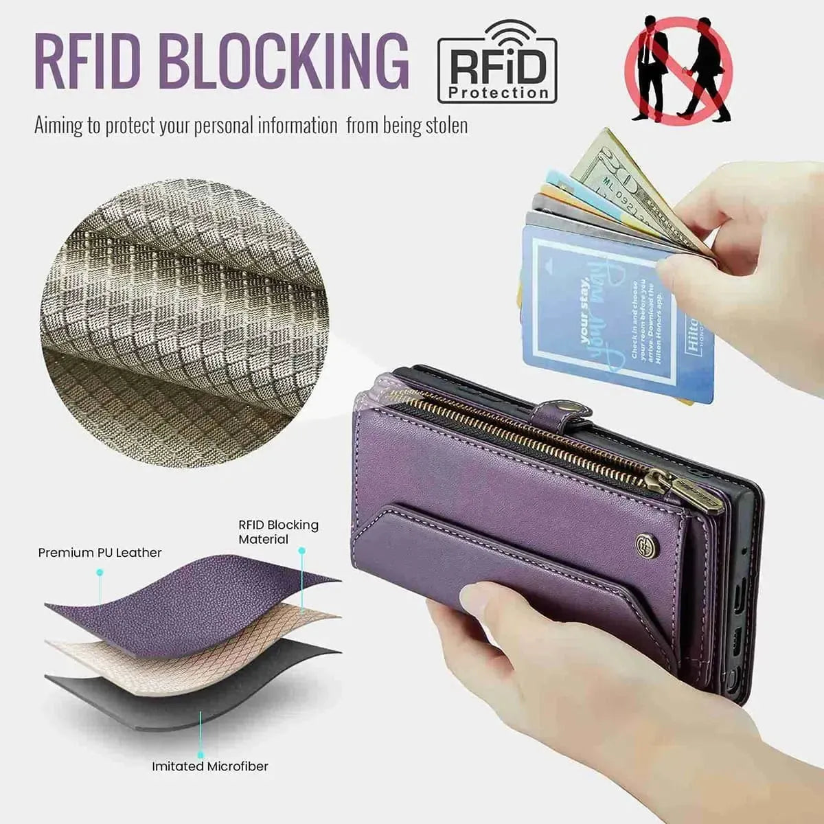 Buy Zipper Wallet Phone Case, RFID Blocking, Leather, Card Slots, for Samsung Galaxy - NOVA at Caseles-Samsung Galaxy A72 5G, Aurora-Purple